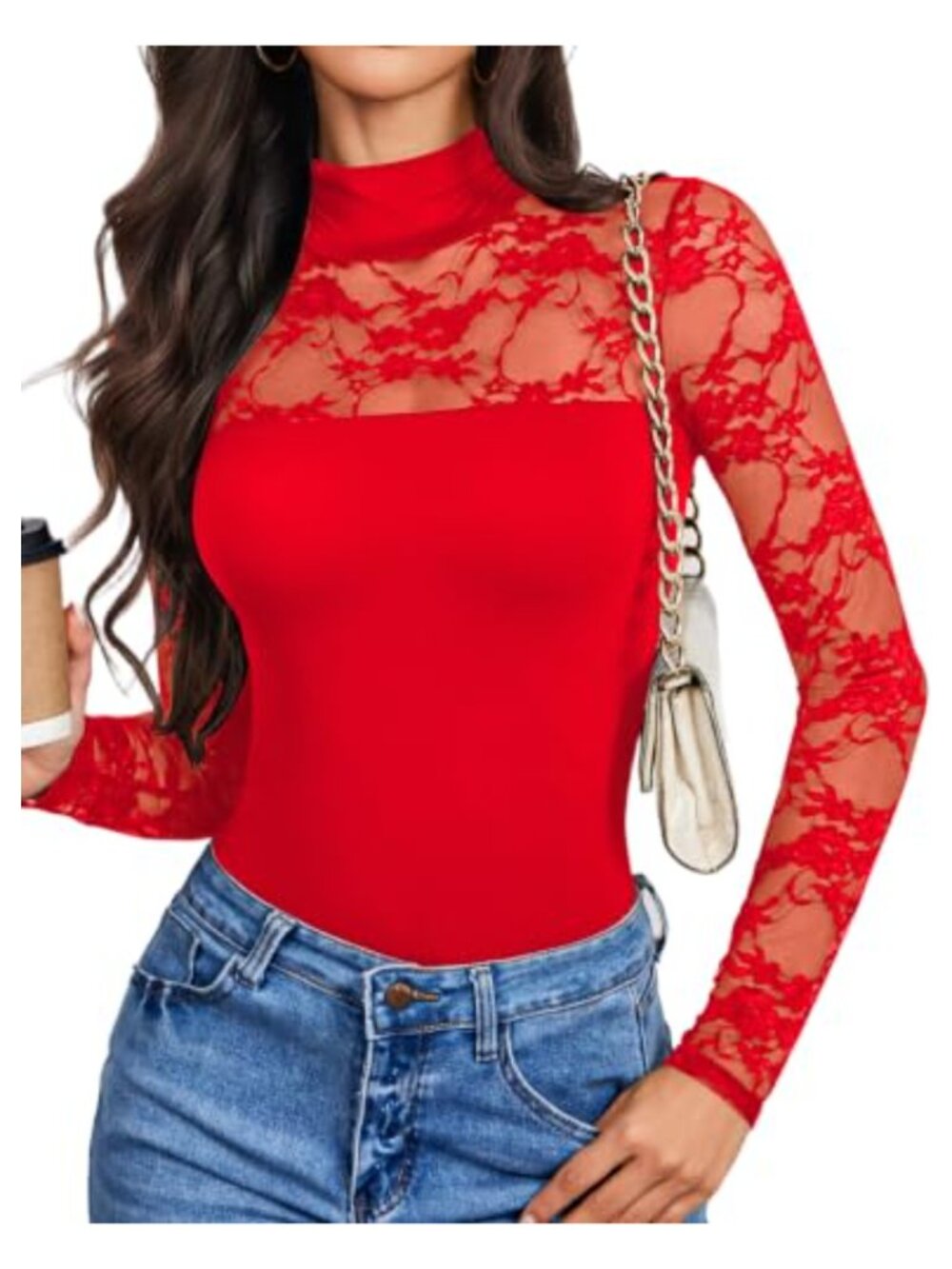 Lace Long Sleeve Bodysuit Turtle Neck Stretch Thong Back Snap Closure